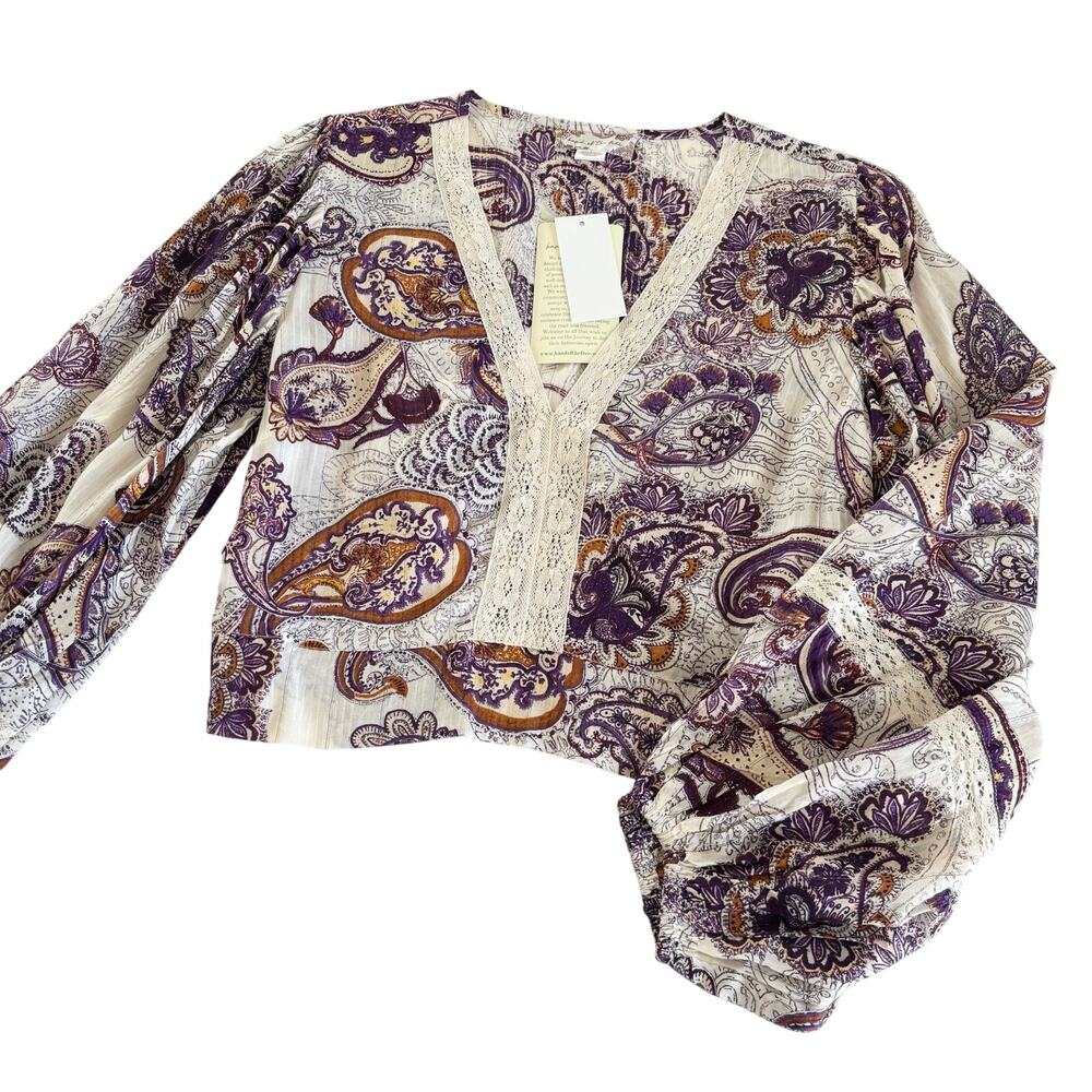 Band of the Free Mirabelle Cream Purple Paisley Boho Lace Crop Top Blouse Small